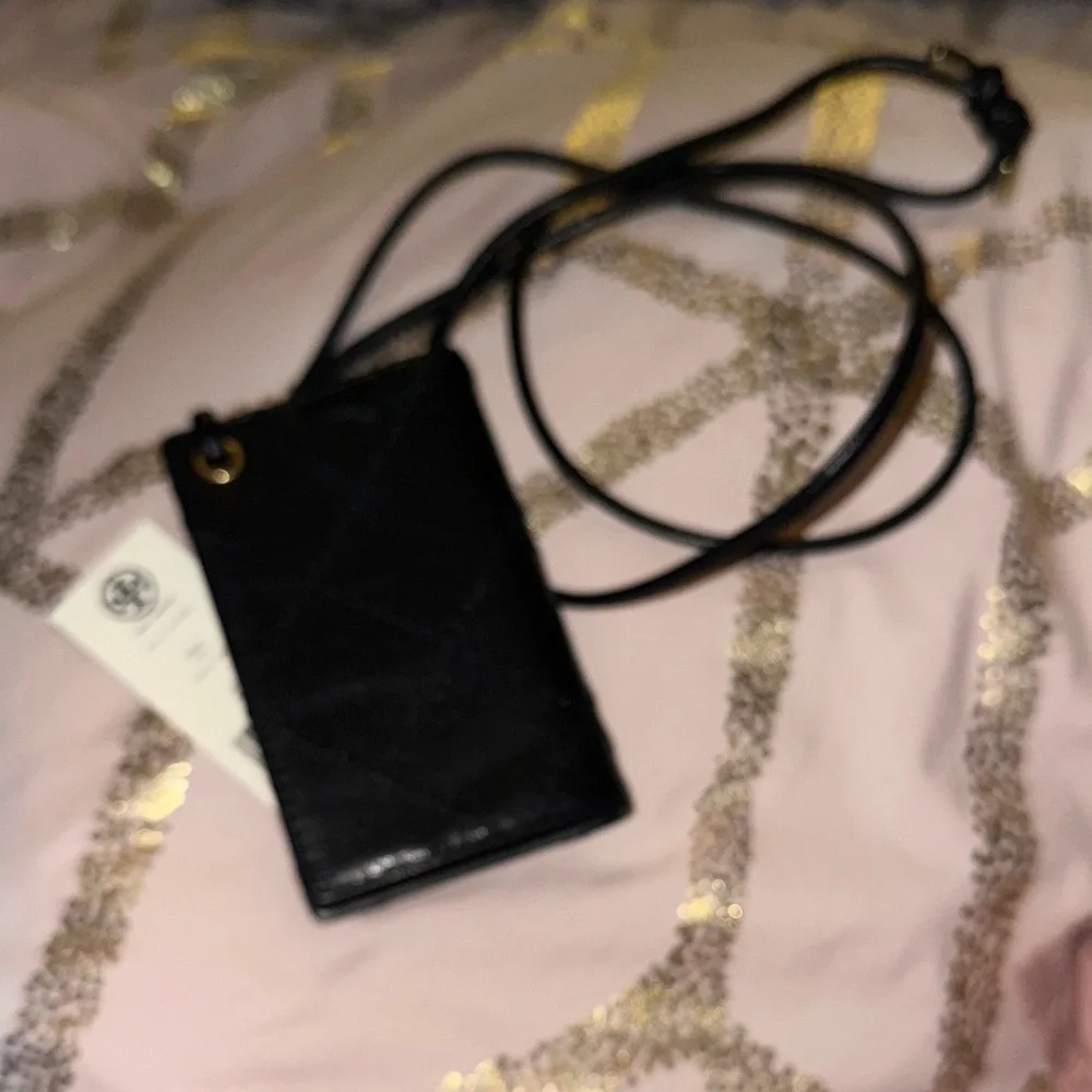 Tory Burch Black Quilted Card Holder Lanyard